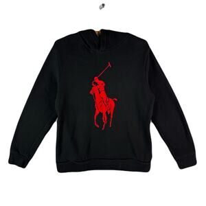 POLO BY RALPH LAUREN Black Hoodie W/Pouch Pocket Red Velvet Logo Youth Size L